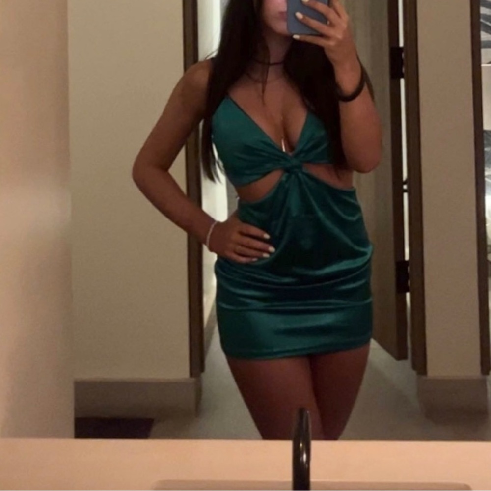 Green cut out mini dress.